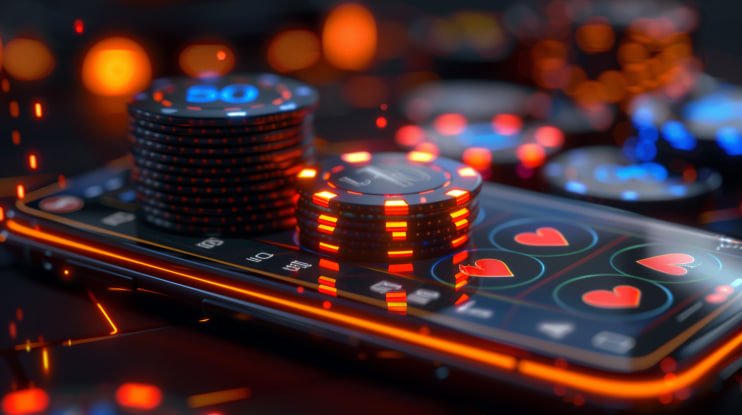 Ilustrasi bermain slot online melalui perangkat mobile dengan warna neon hijau